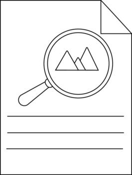 A document features a magnifying glass focusing on a mountain range vector