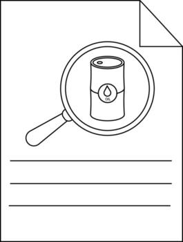 A document shows an oil barrel under a magnifying glass above 3 lines for text and a folded page corner vector