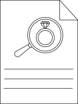 A drawing of a ring with a large gemstone under a magnifying glass on a page with lines vector