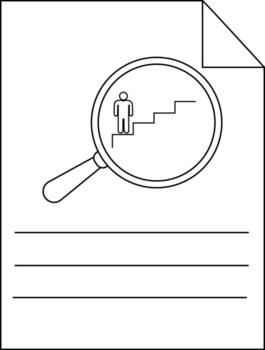 A magnifying glass focuses on a figure ascending stairs on a document with lines and a folded corner vector