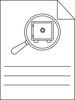 A paper shows a safe under a magnifying glass above 3 lines for text vector