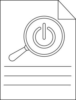 Black and white drawing of a document with a power symbol being viewed with a magnifying glass vector
