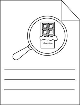 Black and white drawing of a magnifying glass highlighting a chocolate bar on a sheet of paper with three lines vector