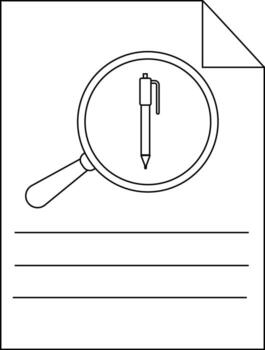 Black and white drawing of a pen under a magnifying glass on a document with lines for text vector