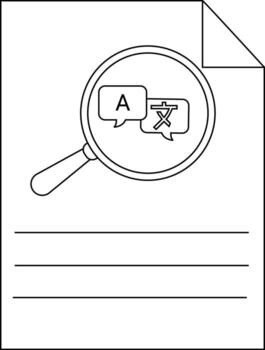 Document with lines a folded corner and a magnifying glass over language bubbles vector