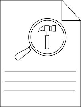 Outline of a page with a hammer inside a magnifying glass with blank lines below vector