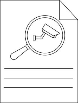 Security camera under magnifying glass on a document with lines below vector