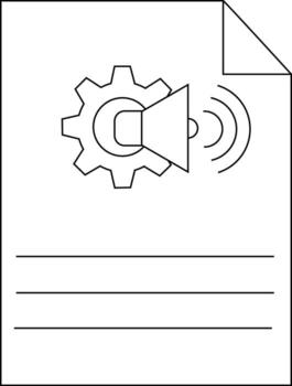 A document with a folded corner displays a gear merged with a speaker emitting sound waves vector