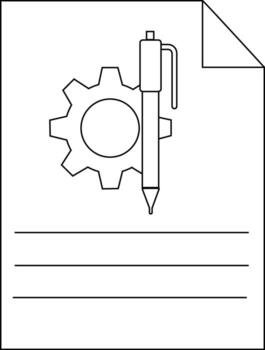 A paper with a folded corner shows a gear pen and three lines vector