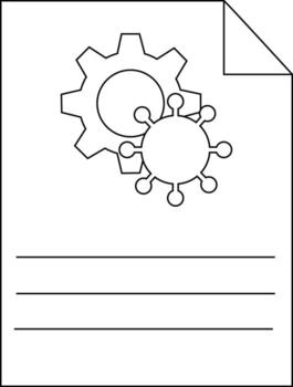 A page with a gear a virus and three lines for text The top right corner is folded down vector