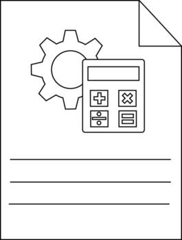 A sheet of paper shows a gear and calculator icon above horizontal lines The papers top right corner is folded over vector