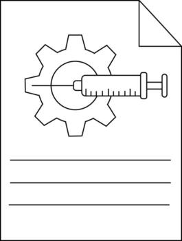 negro contorno imagen de un engranaje con un jeringuilla perforación sus centrar metido en un documento con líneas para escritura vector