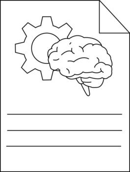 Line art of a brain intersecting a gear with a folded corner paper and three lines on the bottom half of the paper vector