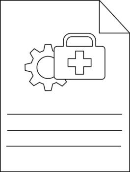 contorno de documento página con un engranaje y primero ayuda equipo símbolo en parte superior y 3 líneas para texto vector