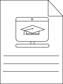 A document with a computer displaying a graduation cap and 3 horizontal lines below it vector
