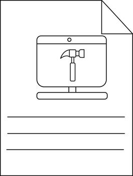 A file document with a turneddown corner displaying a monitor with a hammer graphic vector
