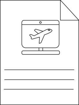 A line art drawing features an airplane on a computer screen atop lines on a folded document vector
