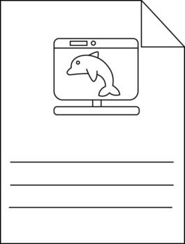 A paper with a computer monitor displaying a dolphin and three lines for writing vector