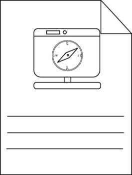 A stylized digital compass with directional markings and a triangular corner fold on a lined sheet vector