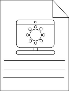 Computer with virus on screen set on lined sheet of paper with folded corner vector