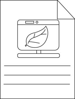 Line drawing of a document showing a computer displaying a leaf with lines below it for writing vector