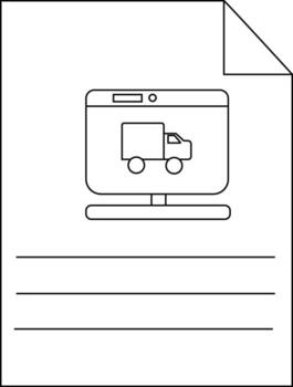 Lineart of a document features a delivery truck inside a computer monitor above three lines vector