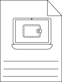 A document depicts a laptop with a wallet on its screen and blank lines below The topright corner of the page is folded vector