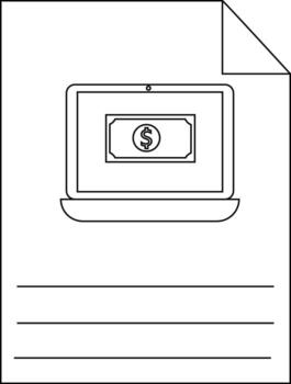 A document with a laptop displaying a dollar bill and lines for text vector