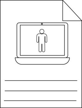 A document with a laptop displaying a stick figure and writing lines vector