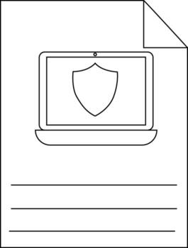 A laptop with a shield icon on its screen sits on lined paper top right corner folded vector