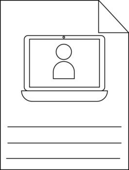 A line drawing depicts a laptop on a sheet of paper with lines below it and a folded topright corner vector