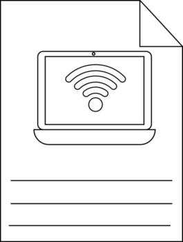 Black and white sketch of a laptop with a WiFi symbol and lines on a paper vector