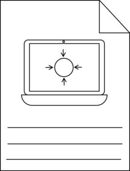 Laptop on a document with lines showing arrows converging toward a center circle Corner of page is folded vector
