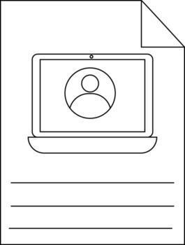 Line drawing of a computer on paper with writing lines below and folded corner vector