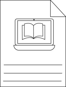 A digital image featuring a laptop displaying an open book on its screen with three lines below and a paper fold at the top right vector