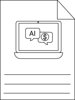 A document shows a laptop The screen displays speech bubbles for AI and money Lines for text are at the bottom vector