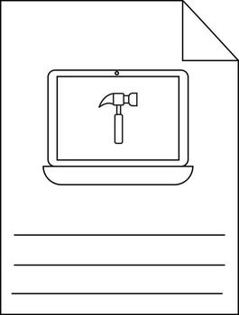 A document with a laptop displaying a hammer icon and lines for writing vector