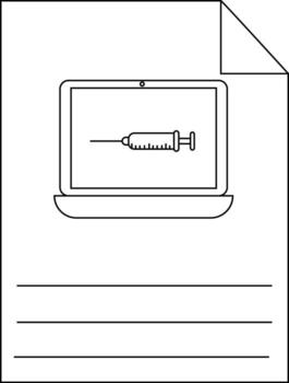 A drawing of a document shows a laptop with a syringe on the screen and three blank lines vector