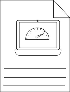 un ordenador portátil con un velocímetro en el pantalla es impreso en un documento con Tres líneas para escritura vector