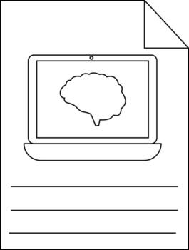 Black and white depiction of a laptop with a brain symbol on the screen atop lines on a page with a folded corner vector