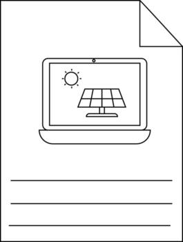 Document featuring a laptop displaying a sun and solar panel design with blank writing lines vector