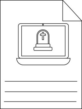Outline of a paper sheet with a laptop displaying a tombstone and lines for text beneath vector