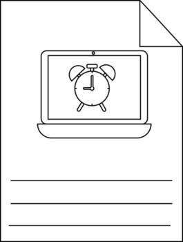 Page with laptop displaying alarm clock lines for notes and a folded corner vector