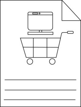 un dibujo de un computadora encima un compras carro en forrado papel con un doblada esquina vector