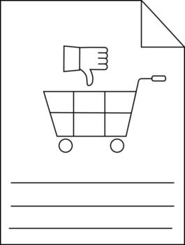 A shopping cart with a thumbsdown symbol on a document with lines below and a folded corner vector