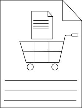 An outline drawing shows a shopping cart under a document on a page with lines at the bottom vector