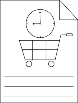 Image shows a shopping cart below a clock on a document with a curled corner and three lines vector