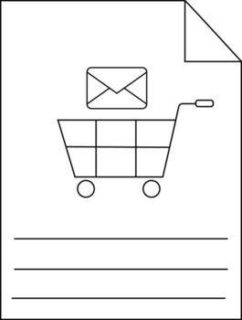 Image shows a shopping cart with a mail envelope above it accompanied by lines on a document vector