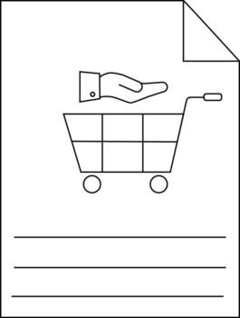 Outlined shopping cart hand and lines on paper with a corner fold vector