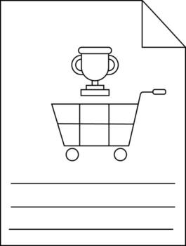 Outline of a shopping cart topped by a trophy on a paper sheet with lines at the bottom and a folded corner at the top vector